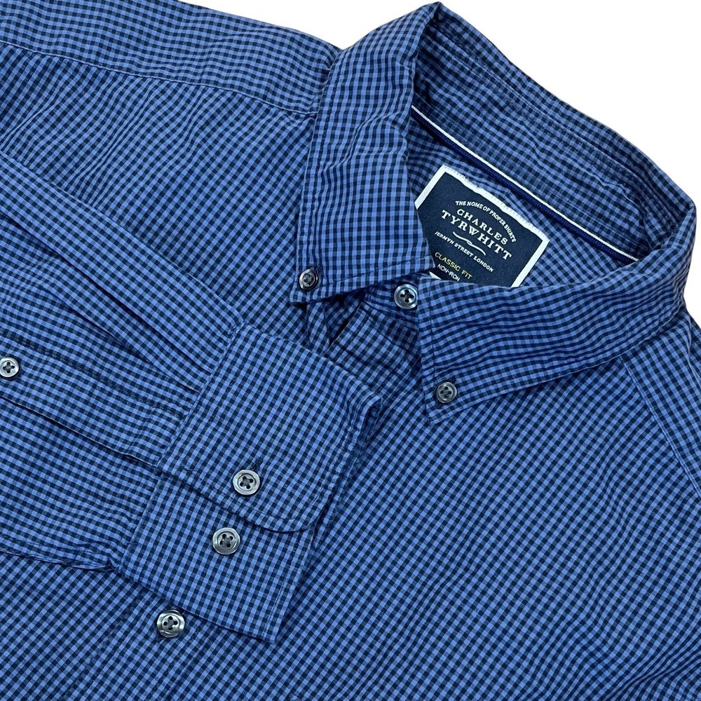 Charles Tyrwhitt Long Sleeve Button Down Mens L Classic Fit Navy Check Cotton
